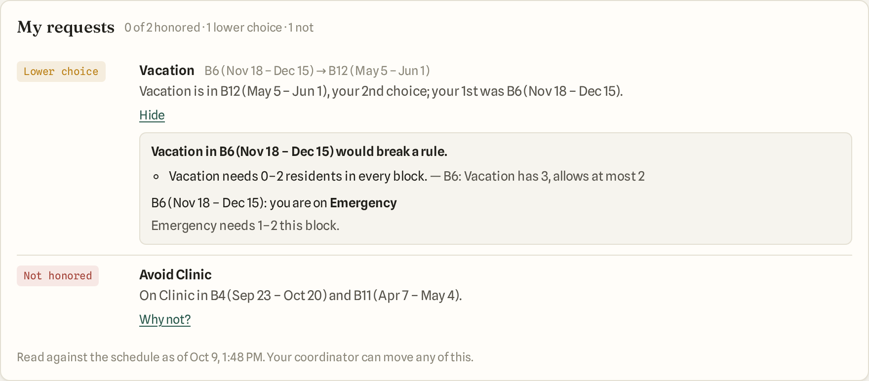 The My requests card on a resident's home page: Vacation, lower choice — in B12, the 2nd choice; why not opens and says Vacation in B6 would break the rule that Vacation needs 0–2 residents in every block. Avoid Clinic, not honored.